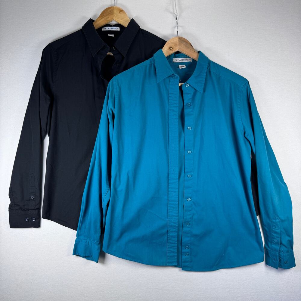 Port Authority Work Blouse Bundle Medium Black Teal Button Down Office Business